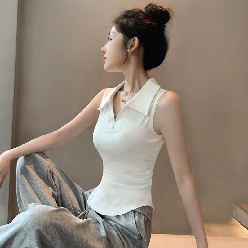 HTKD欧货白色polo领吊带背心女2025夏季设计感抽褶弧形下摆无袖上