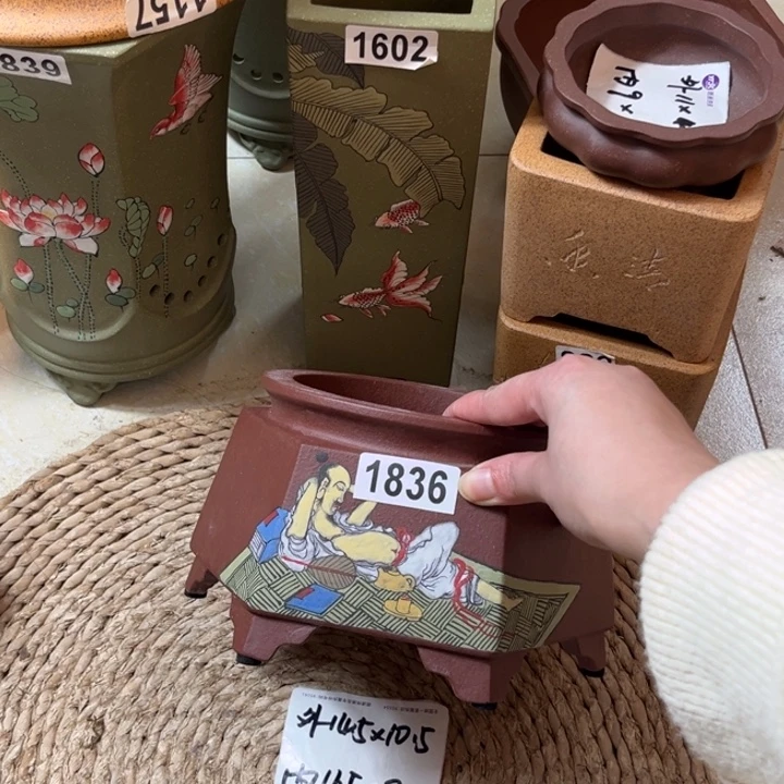 花盆紫砂  超精品枣红逍遥图彩绘井六方1836