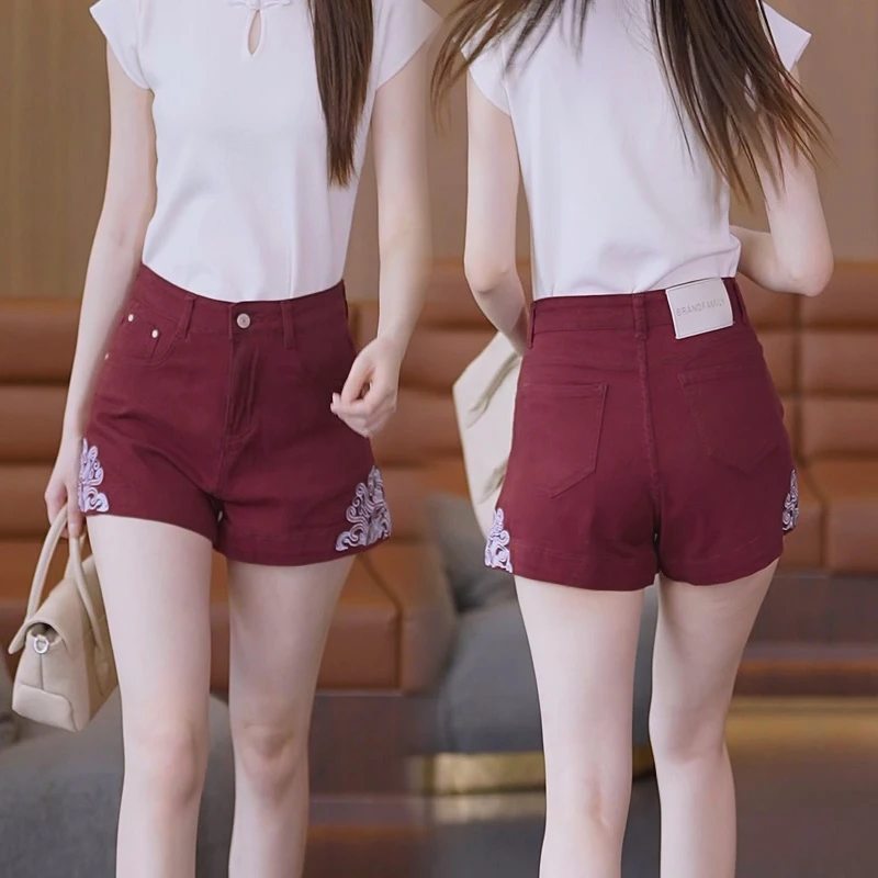 国风刺绣大码红色牛仔短裤2025夏季新款气质休闲薄款A字阔腿裤