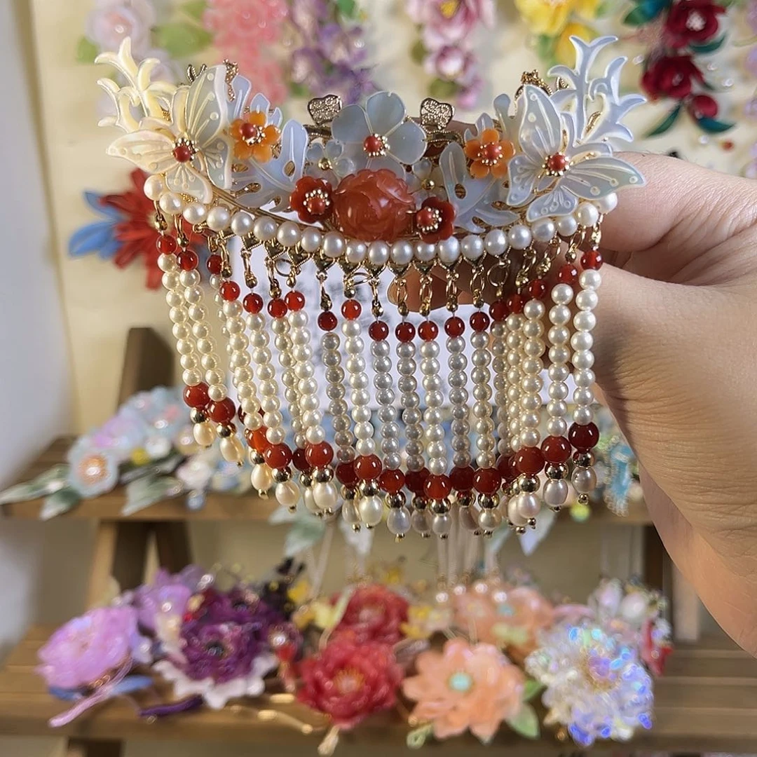 *****天然石蝶贝南红淡水天然石蝶贝南红淡水鬓帘