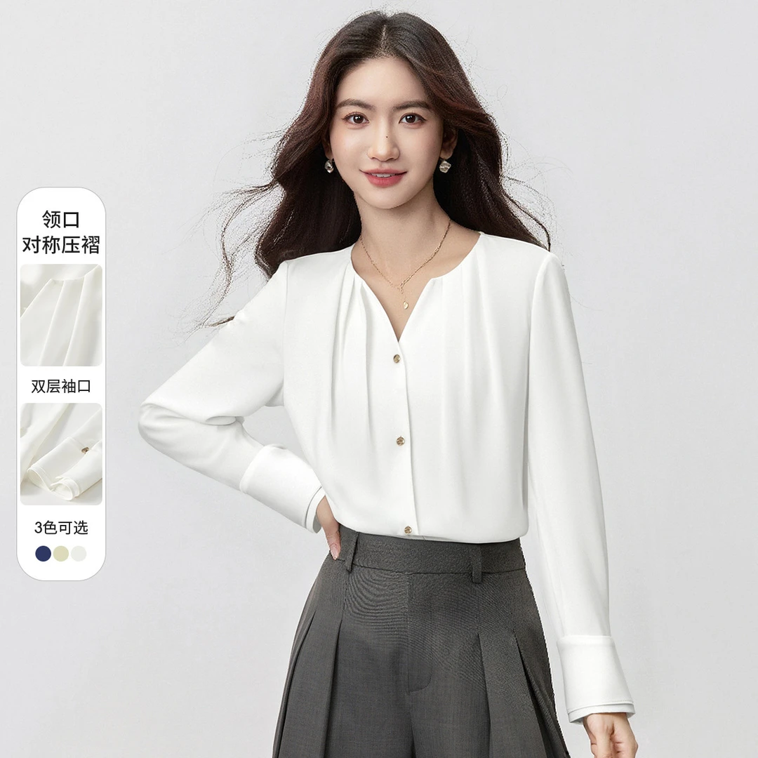 尚都比拉｜【法式优雅衬衫】秋款压褶圆领V口垂感通勤衬衣女