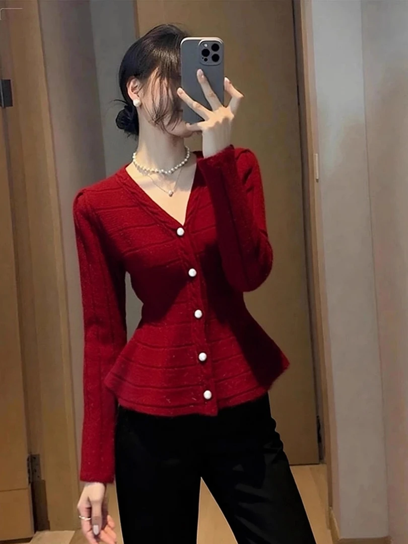 圣诞新年红色毛衣女冬巨好看独特漂亮气质高端掐腰小香风针织上衣