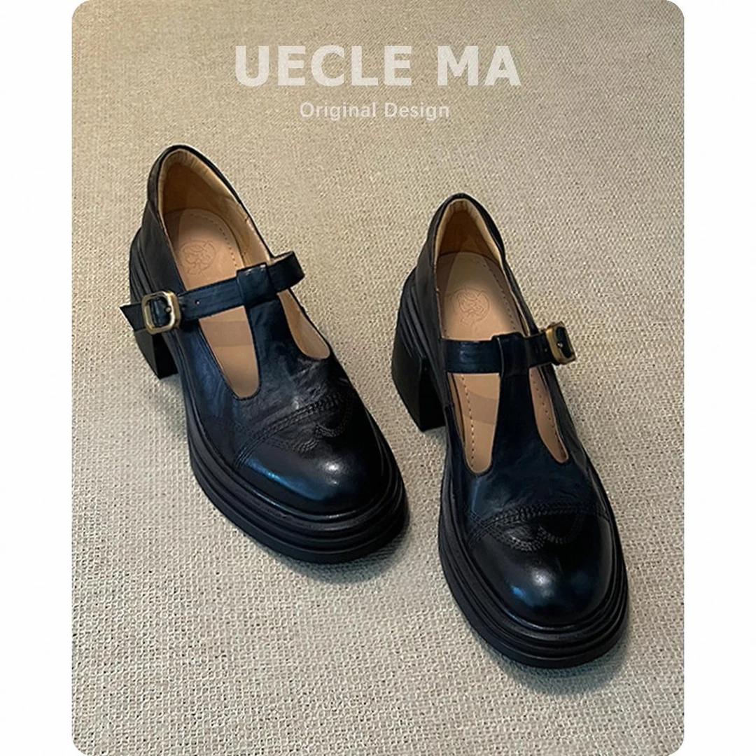 牛皮~真皮~厚底玛丽珍鞋女粗跟2025春夏新款高跟单鞋复古jk小皮鞋