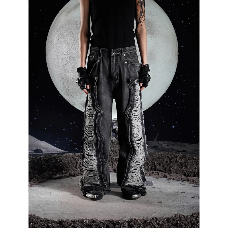 无人孤岛 立体拼接结构重工刀割破坏水洗做旧牛仔裤宽松QC0811