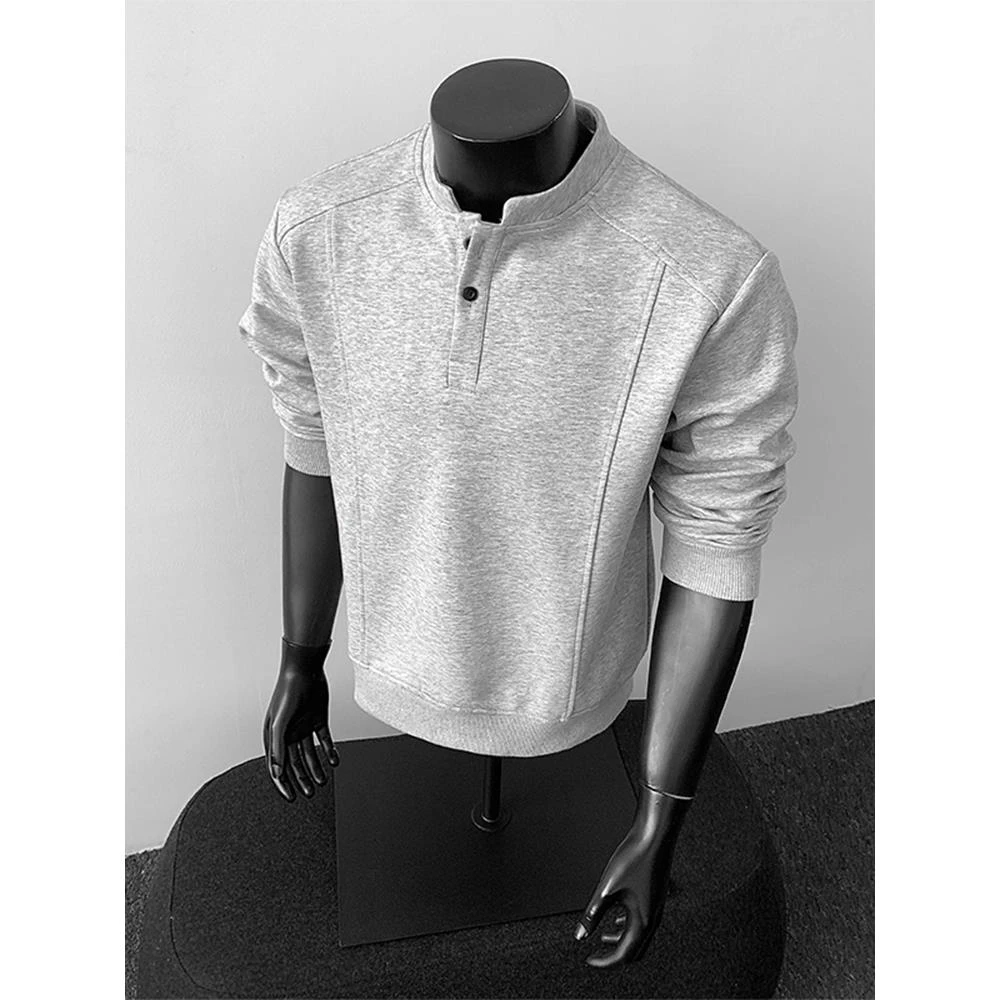 灰色亨利领解构正肩Polo卫衣男款秋季boxy版型长袖T恤内搭打底衫