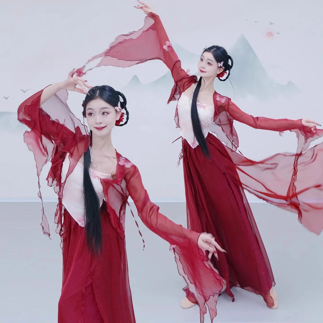 古典舞蹈服飘逸蝴蝶仙气纱衣外披舞新款古风红色演出服古典服