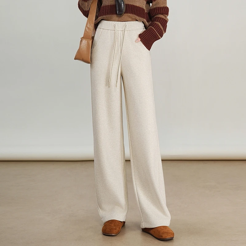 杏色羊毛呢阔腿裤女秋冬季新款加厚高腰显瘦垂坠感宽松直筒休闲裤