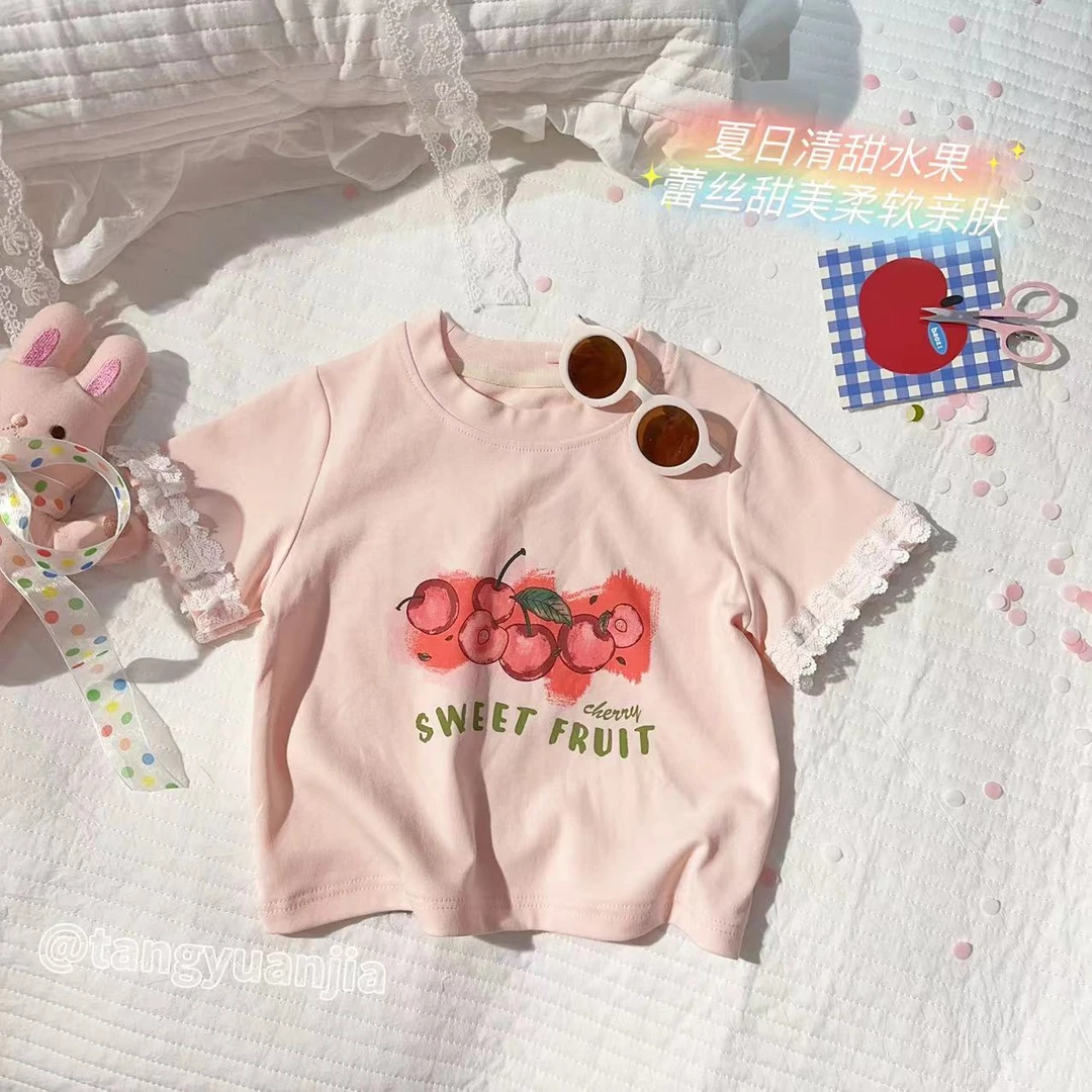 汤圆家童装2025夏季新款韩系甜美气质蕾丝拼接T恤 YA-1613