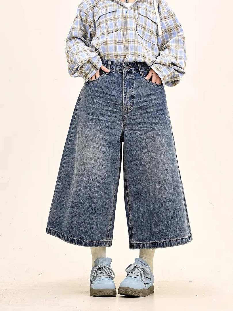 休闲风高腰水洗通用阔腿裤牛仔裤薄款夏季休闲潮流