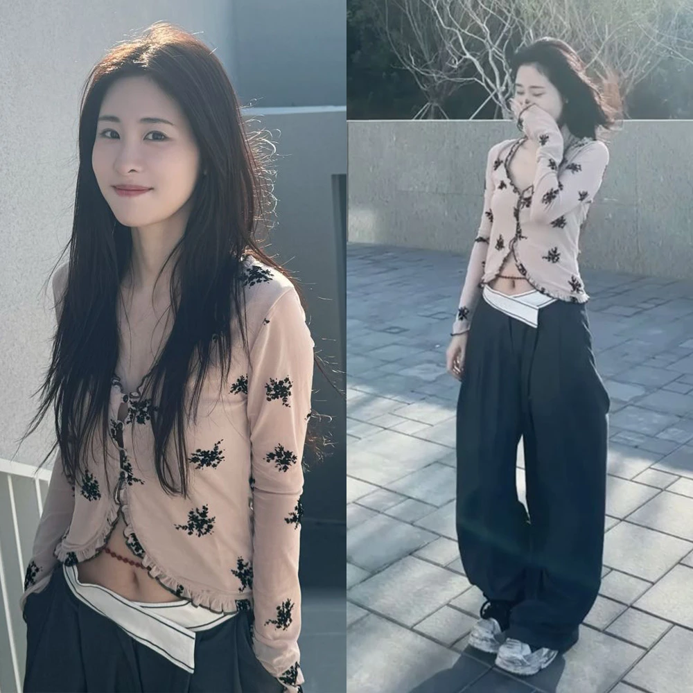 Miss Judy张碧晨同款黑色碎花深V领褶皱荷叶边喇叭袖上衣开衫春装