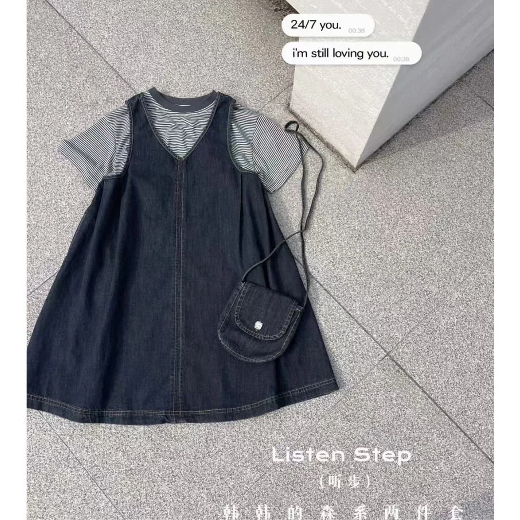 韩版女童装儿童中大童夏季时髦休闲条纹短袖T恤牛仔棉背心裙套装