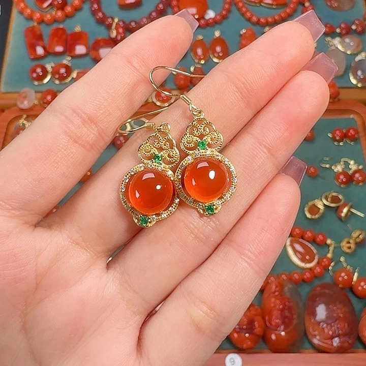 南红玛瑙银S925镶嵌耳饰