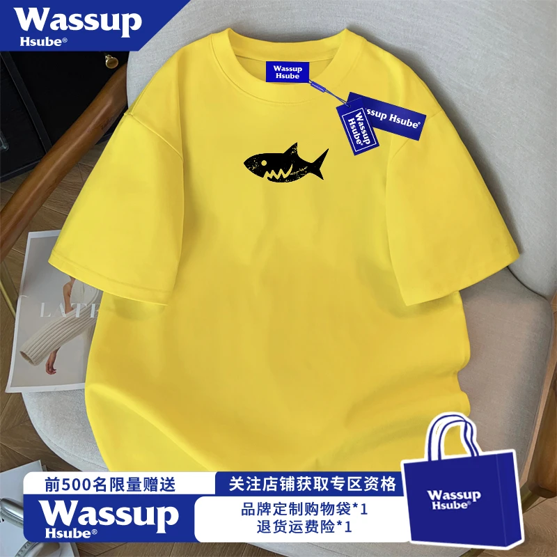 WASSUP HSUBE美式百搭黄色圆领短袖男夏季高街简约鲨鱼印花T恤潮