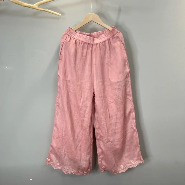 麻艺-新款100苎麻刺绣阔腿裤高腰直筒裤休闲裤透气夏季宽松型薄款