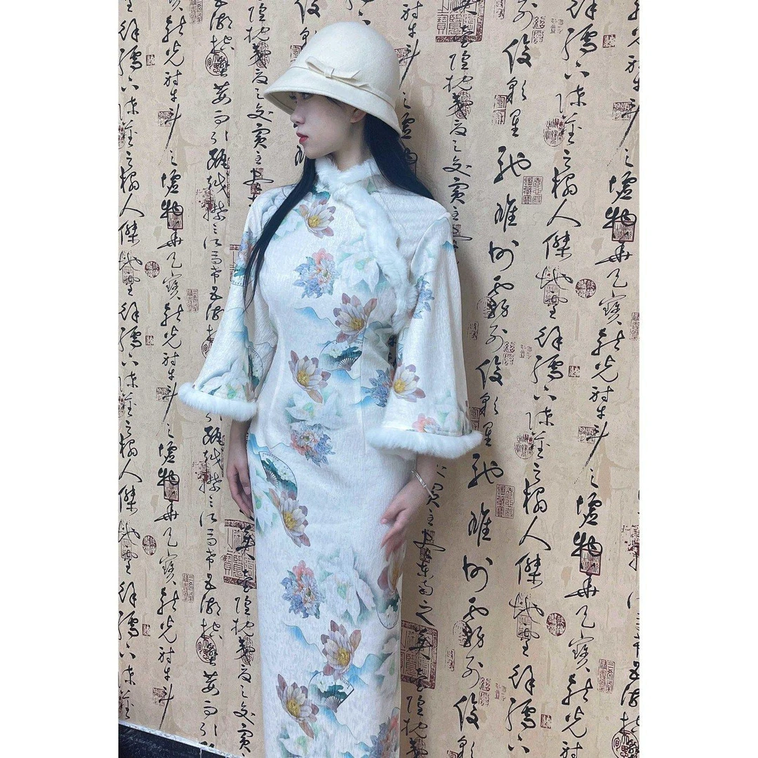 画报夫人原创自制秋冬绒面高级毛毛倒大袖新中式旗袍连衣裙,淡荷