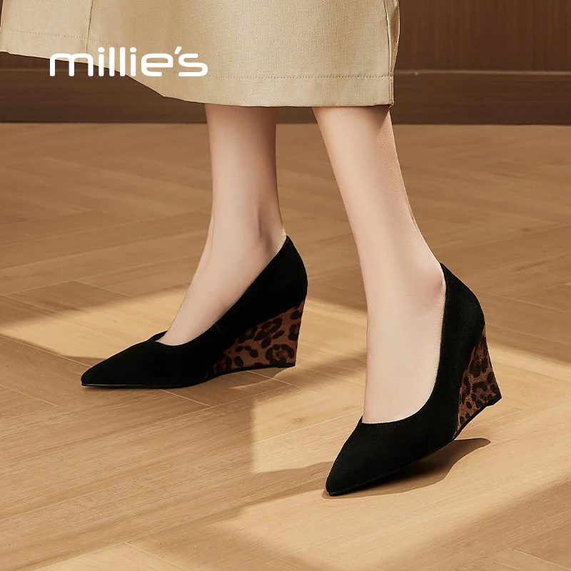 妙丽真皮尖头坡跟鞋女2025新款春秋浅口百搭厚底单鞋不累脚高跟鞋