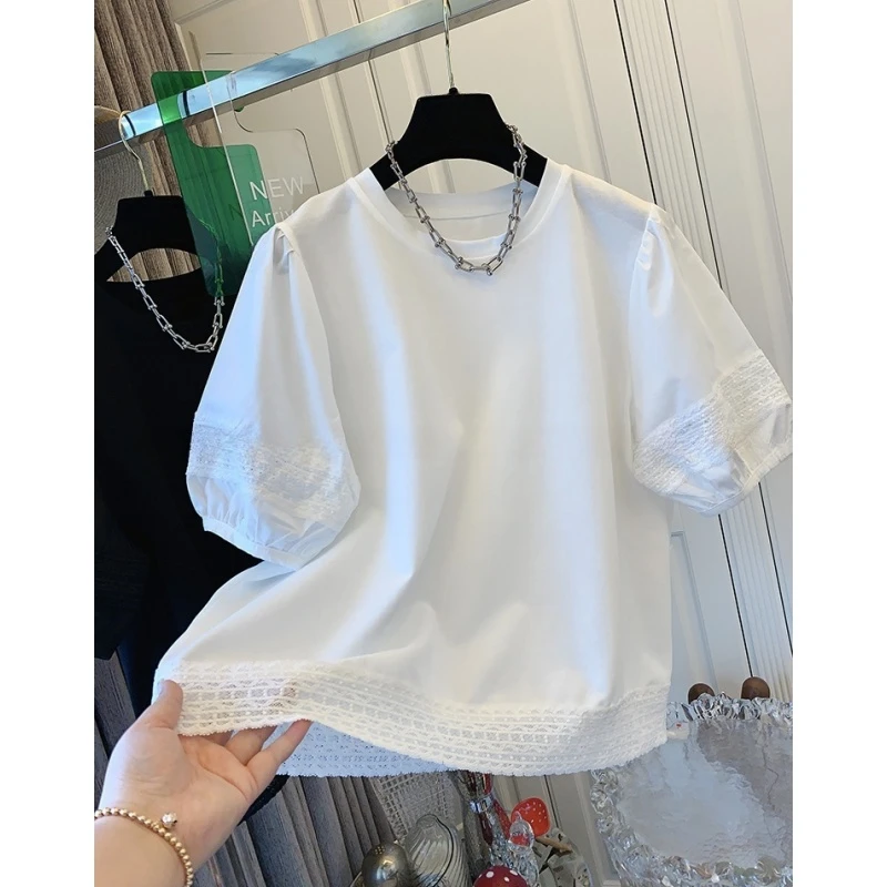 减龄好看的法式绝美气质蕾丝泡泡袖短袖T恤打底衫宽松时尚上衣女
