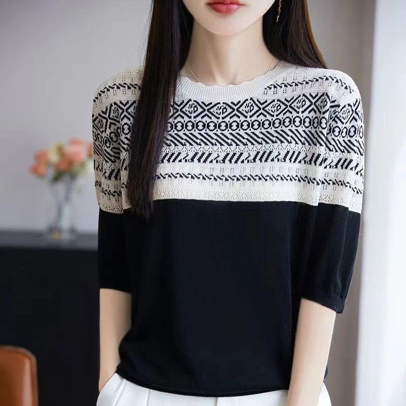 【刘营专属】夏季爆款莱赛尔天丝镂空拼色圆领宽松针织短袖薄款