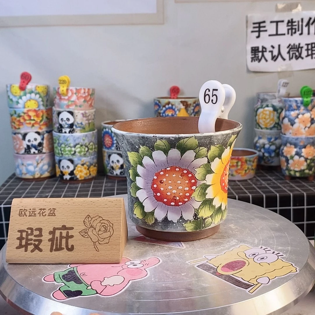 紫砂花盆红陶手绘花盆
