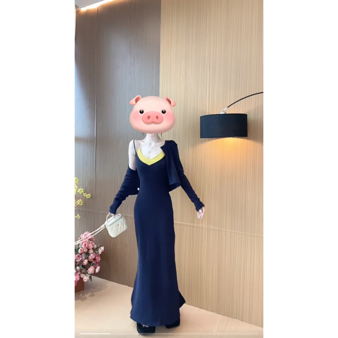 秋季休闲撞色法式时尚吊带连衣裙两件套