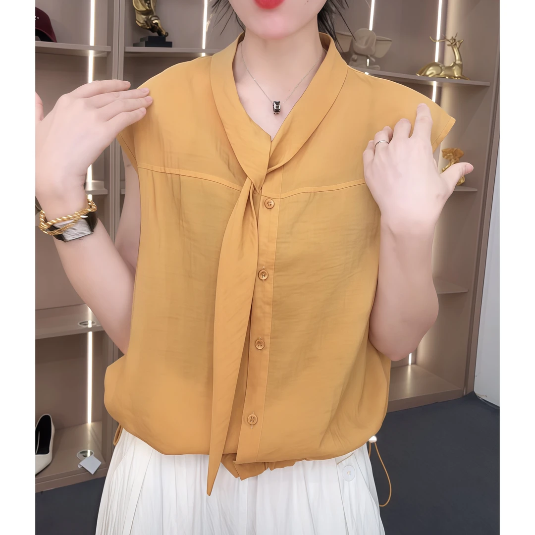 2025夏季极简风无袖薄款时尚休闲纯色设计感气质通勤复古上衣女潮