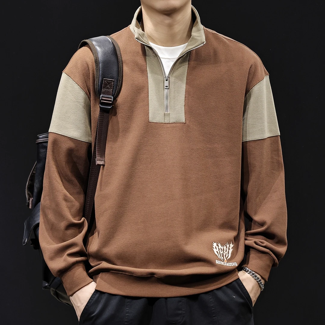 美式复古380g重磅半拉链卫衣男秋季新款潮牌拼接撞色宽松立领上衣