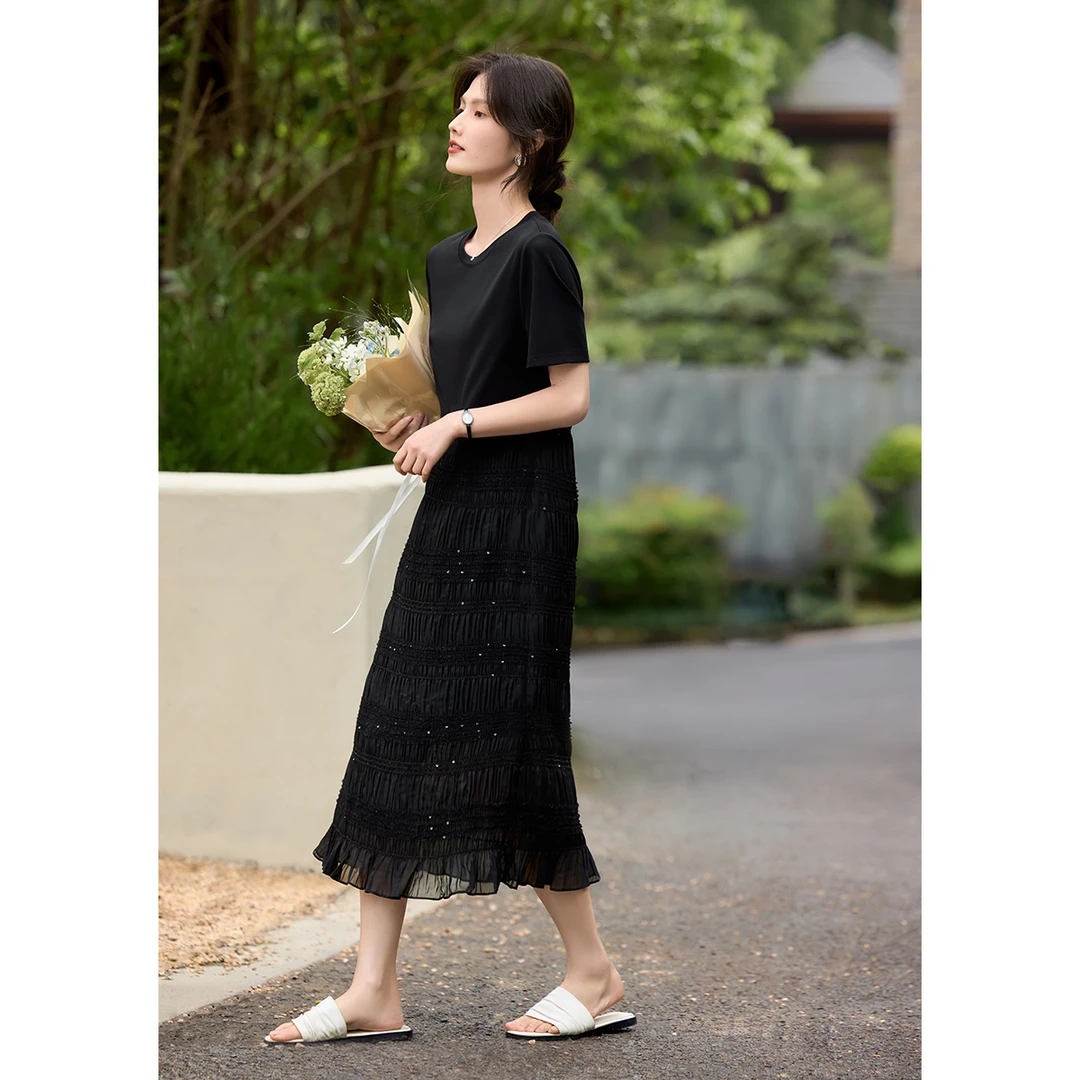 XWI/欣未2025夏女款圆领精致优雅百搭气质优雅打揽纱连衣裙女7243