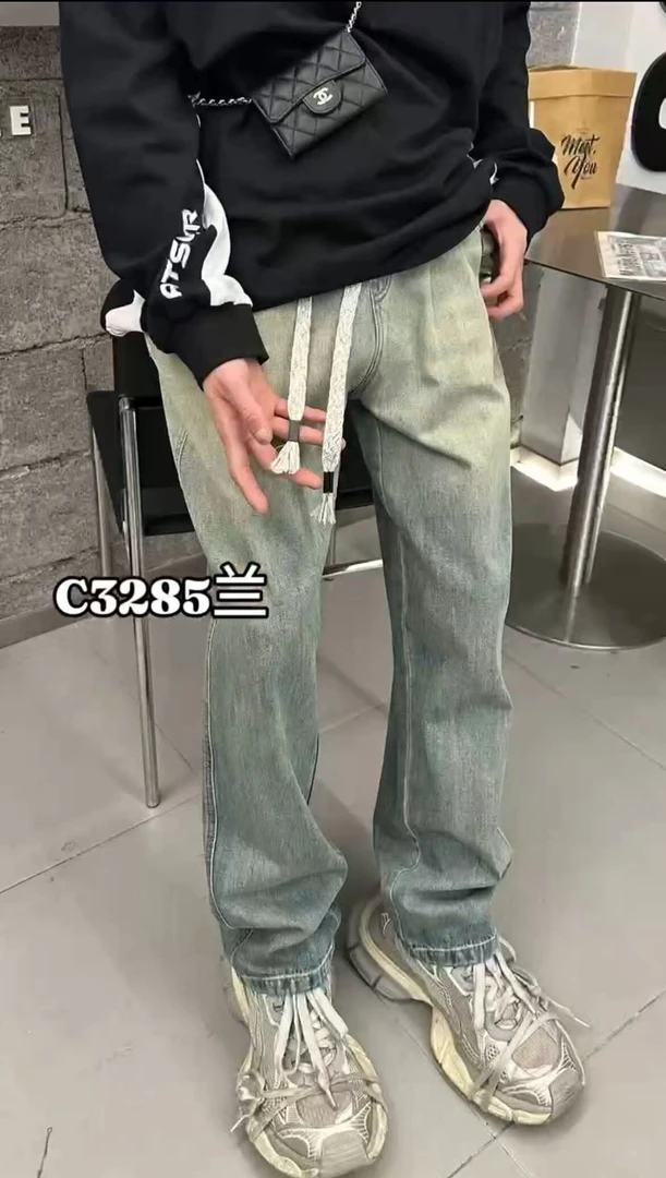 美式牛仔夏季水洗长裤牛仔裤赤耳刀割牛仔裤做旧拼接