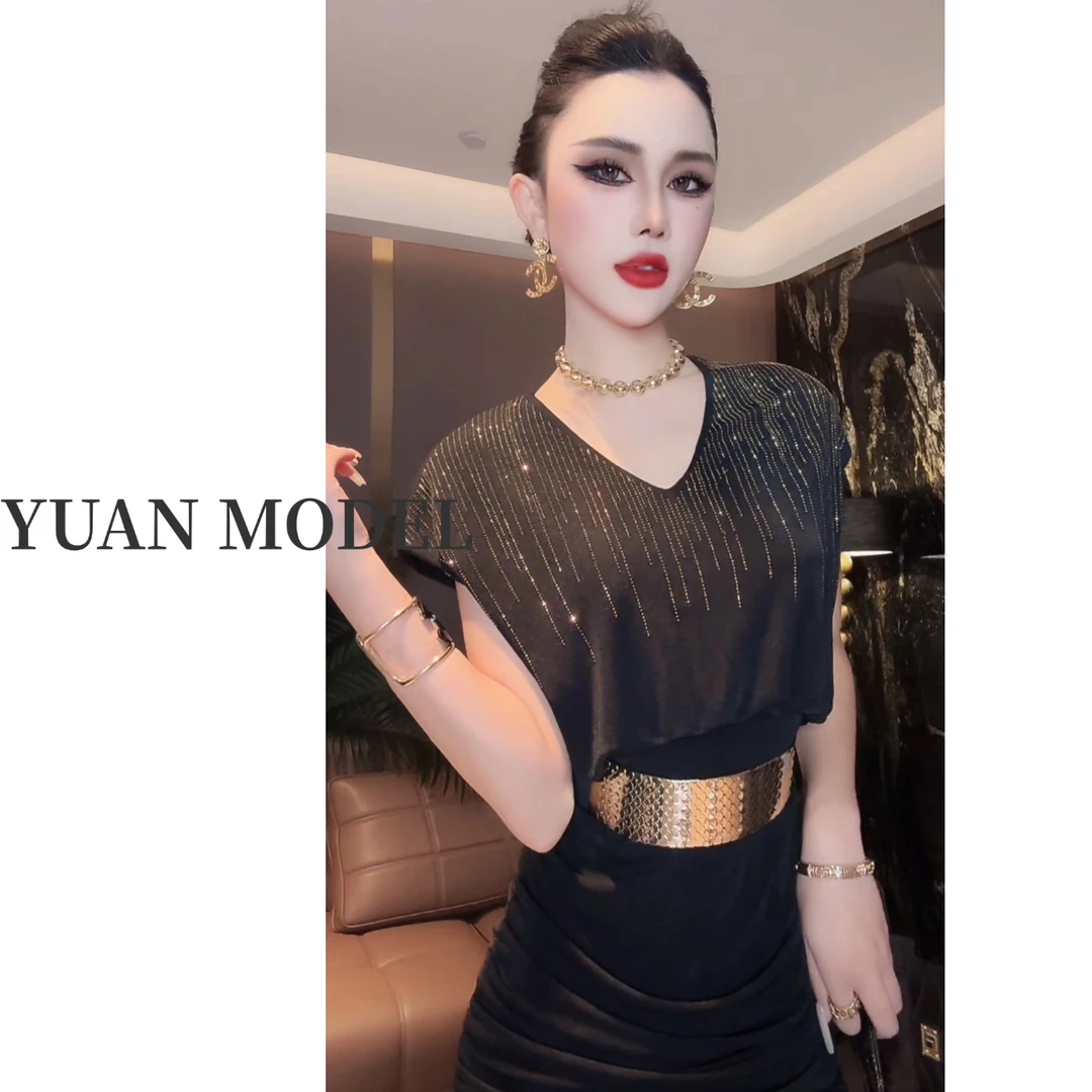 【YUAN MODEL】【鎏金岁月】时尚流苏烫钻褶皱气质连衣裙长款 060739