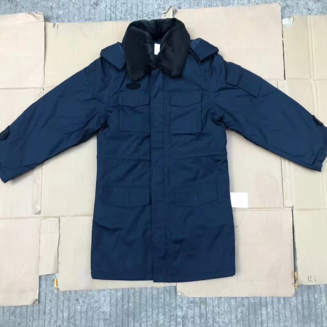 藏青色冬季加厚防寒保暖毛领内胆可拆中长款棉大衣