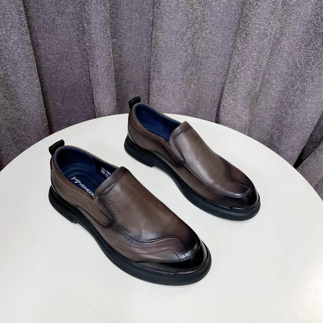 C9474  棕色  时尚真皮男士2025新款一脚蹬休闲鞋商务皮鞋