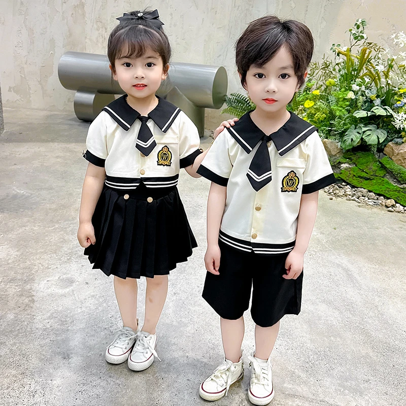 男女童幼儿园园服夏装2025新款儿童学院风海军领衬衫百褶裙两件套