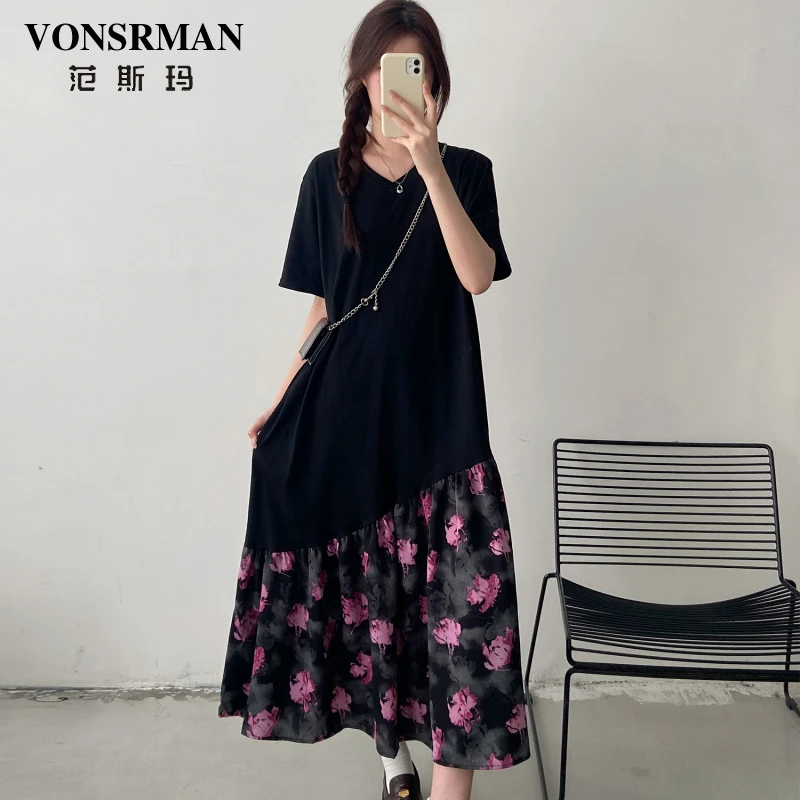 碎花拼接假两件连衣裙女夏季2025新款慵懒风气质大码宽松显瘦长裙