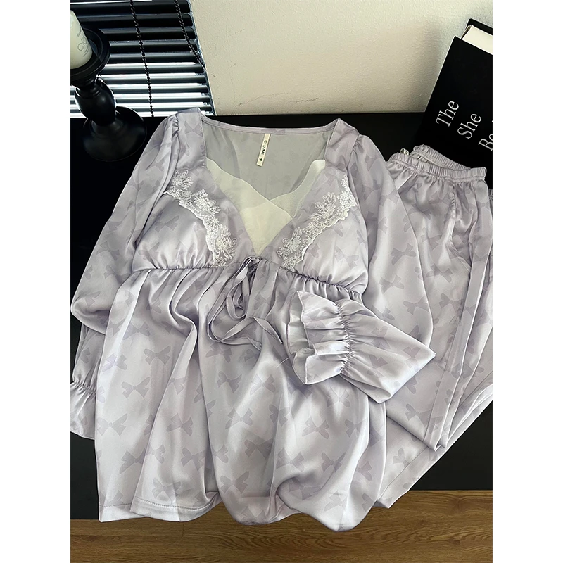 法式甜美蝴蝶结蕾丝边睡衣女秋季新款长袖长裤可外穿家居服两件套