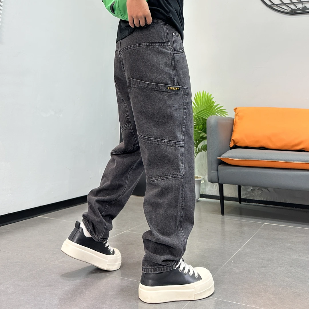 美式工装高街大口袋阔腿哈伦潮牌牛仔裤男秋冬款宽松直筒裤子