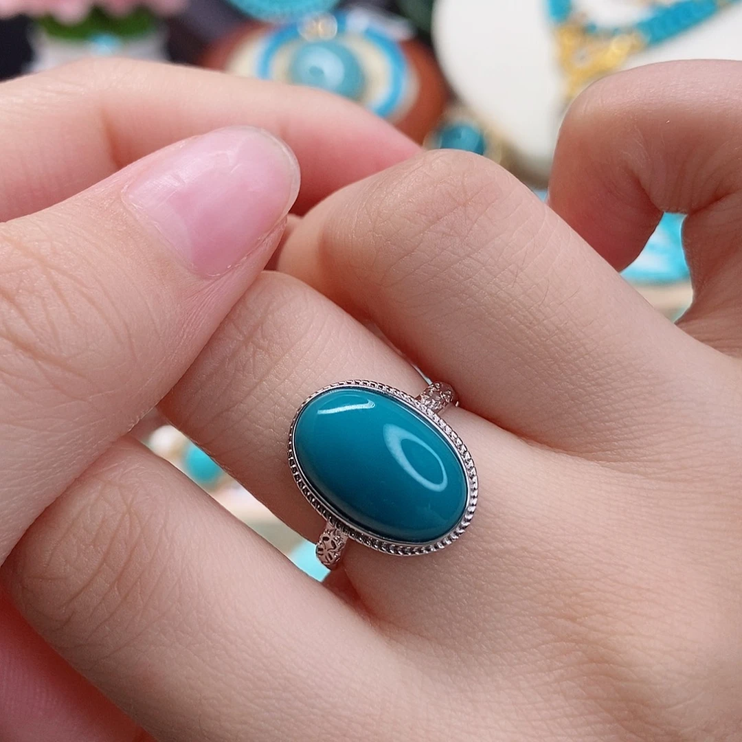 绿松石银S925镶嵌高瓷玉化蓝绿蛋面女戒