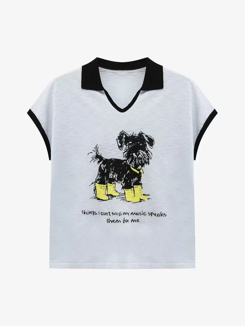 845蓝色小狗印花圆领短袖女2025年夏季新款百搭显瘦胖MM大码上衣