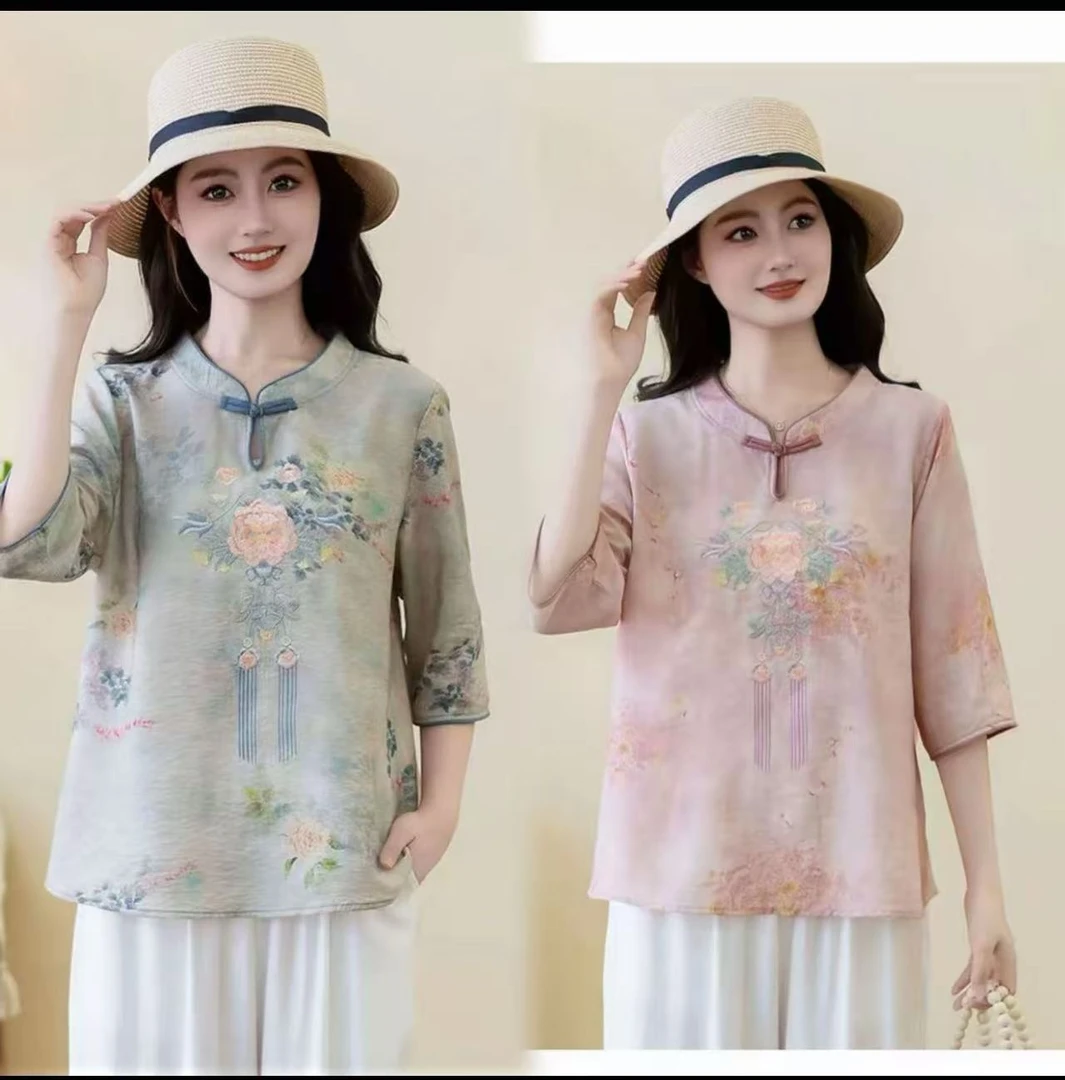 中老年女装妈妈装夏季50-60岁套装小衫女 新中式衬衫国风刺绣上衣