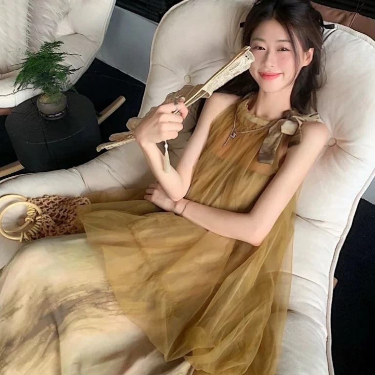 新中式挂脖连衣裙女改良旗袍禅意晨袍仙女网纱扎染无袖裙子