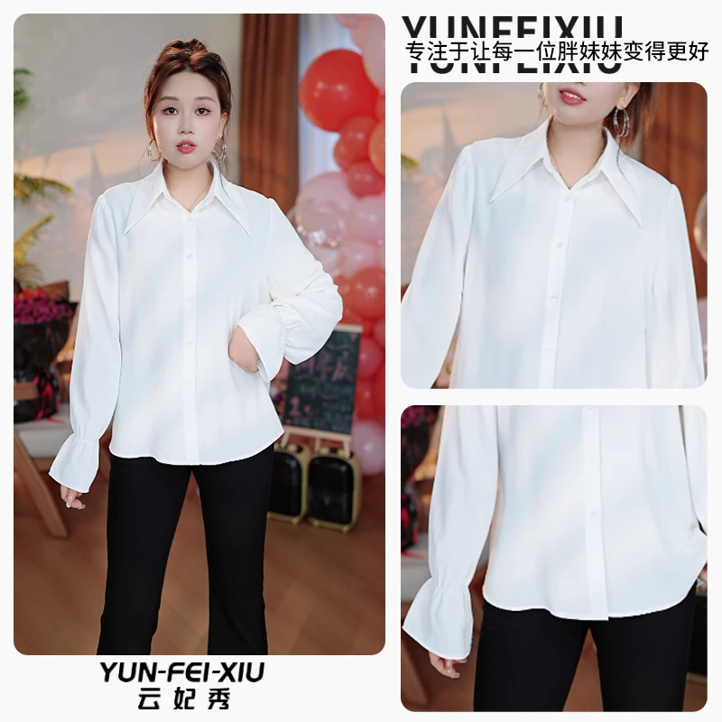 云妃秀大码女装衬衫翻领褶边时尚休闲宽松显瘦遮肉胖妹妹秋季9014