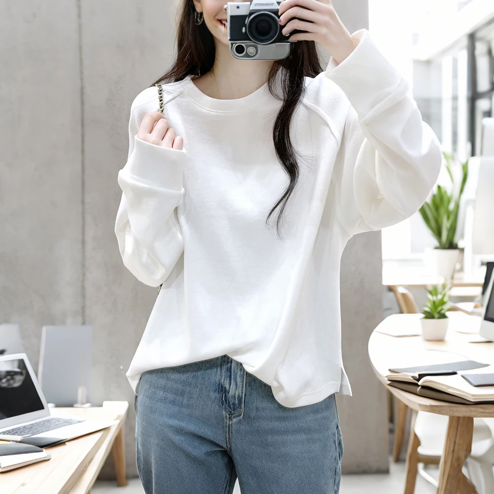 韩系纯色简约宽松圆领插肩袖棉质休闲T恤春秋女士新款复古上衣潮
