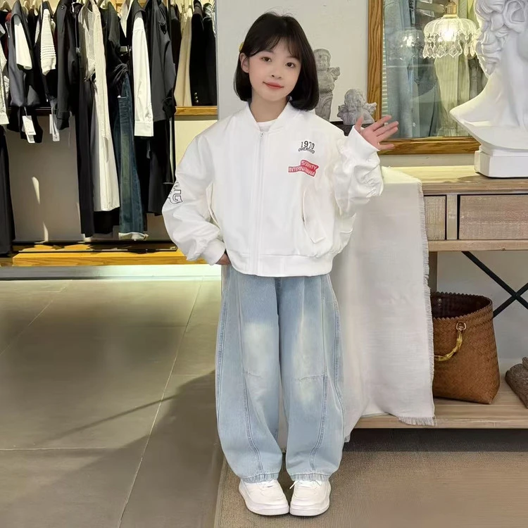女童外套春秋款2025新款儿童洋气棒球服上衣女孩弯刀牛仔裤套装潮