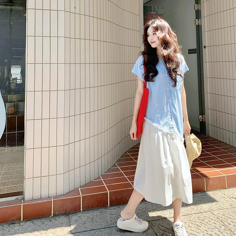 韩系减龄撞色拼接衬衫连衣裙女2025夏季新款小个子显瘦不规则长裙