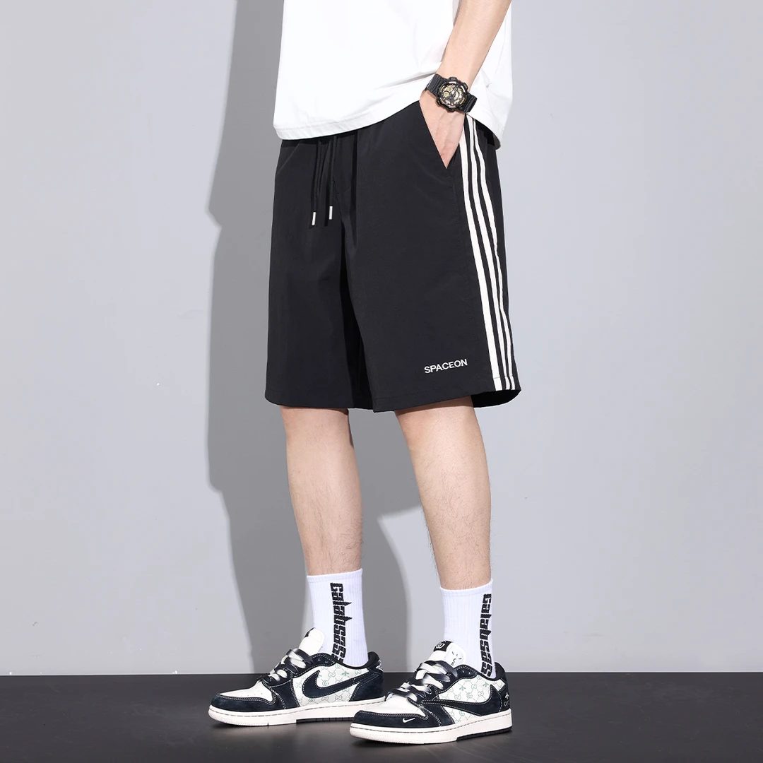 Kuvine夏季新款简约百搭宽松休闲短裤男款抽绳速干薄款条纹运动裤