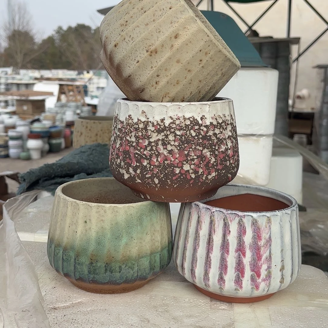 紫砂花盆蛋壳四个口径14高度12