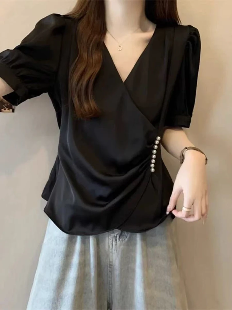 3520#法式交叉钉珠短袖上衣