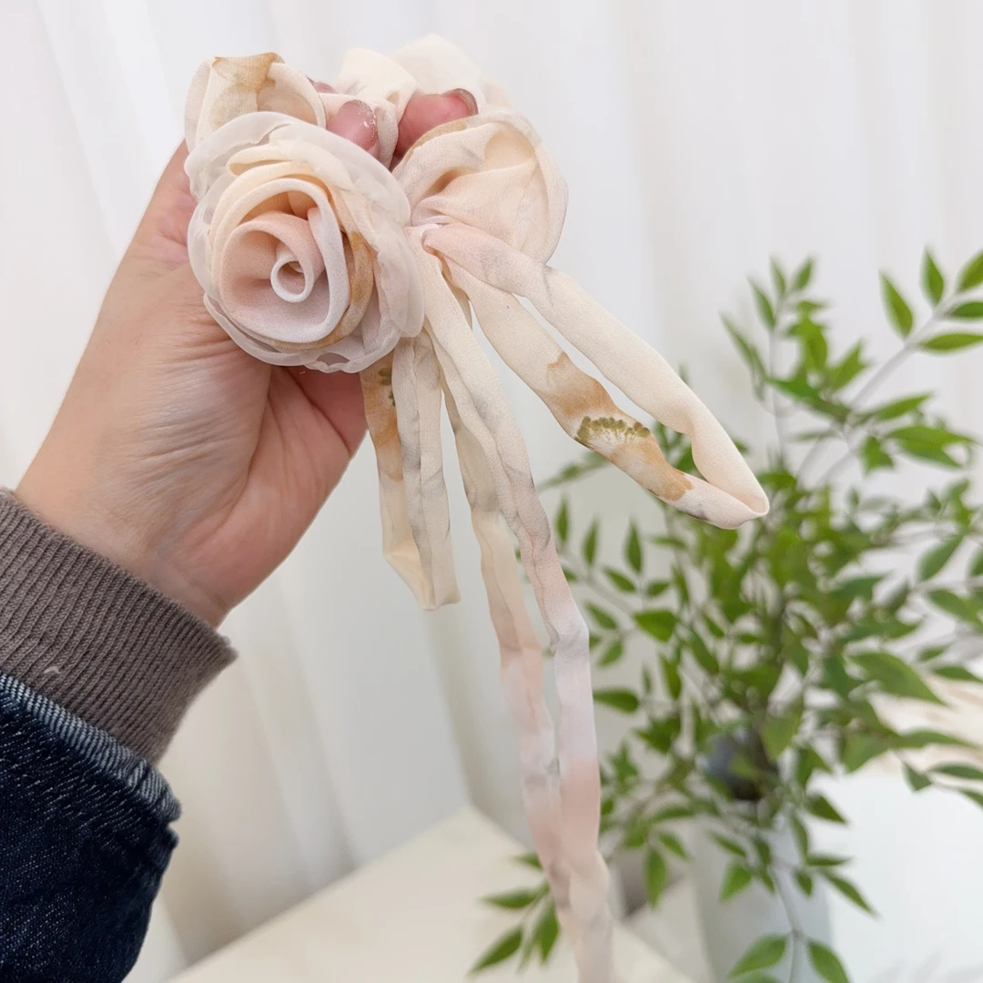 【人间白茶】手工玫瑰飘带韩版时尚发圈