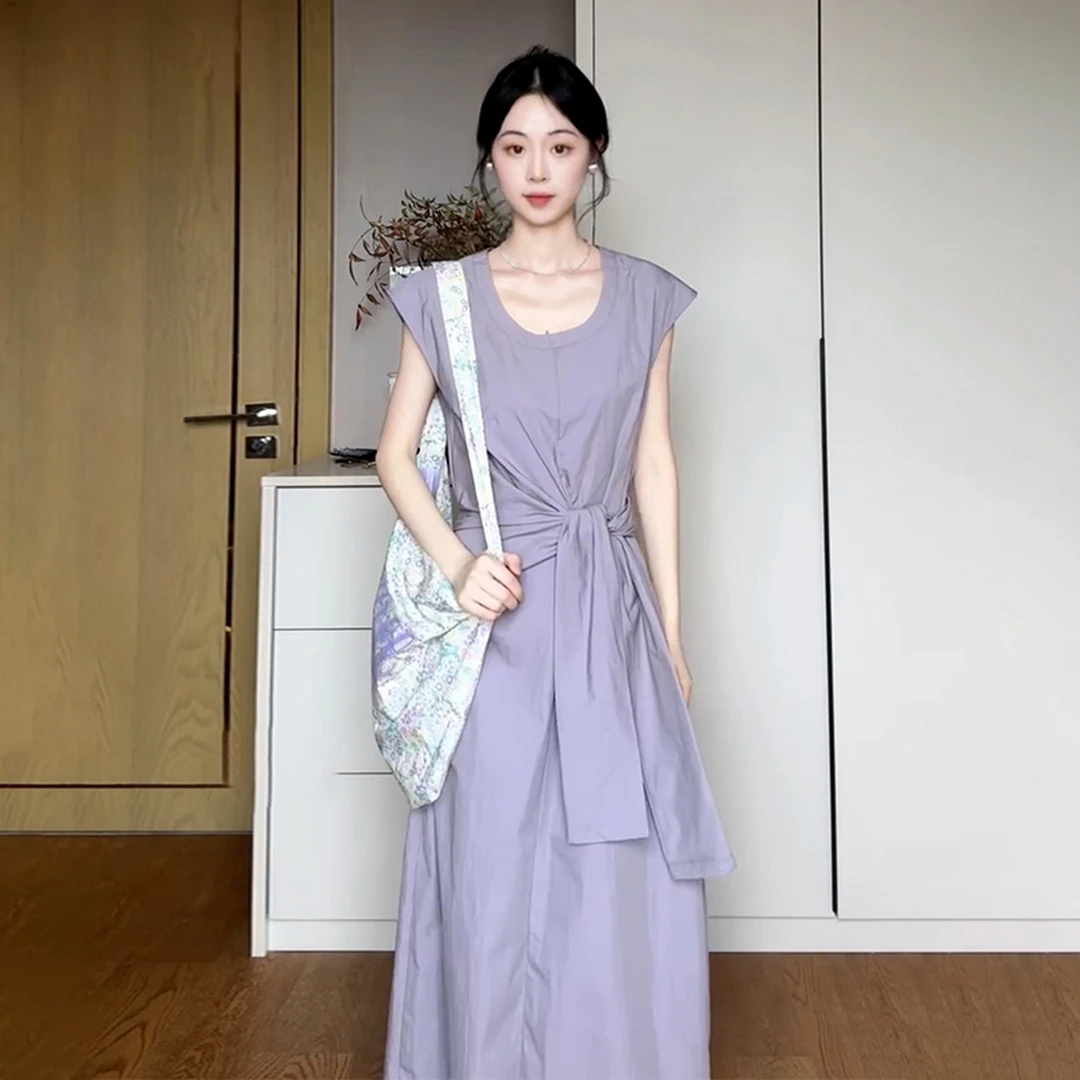 【现货+运补】夏日绝美紫色连衣裙夏季简单大方扭结高级感长裙3778