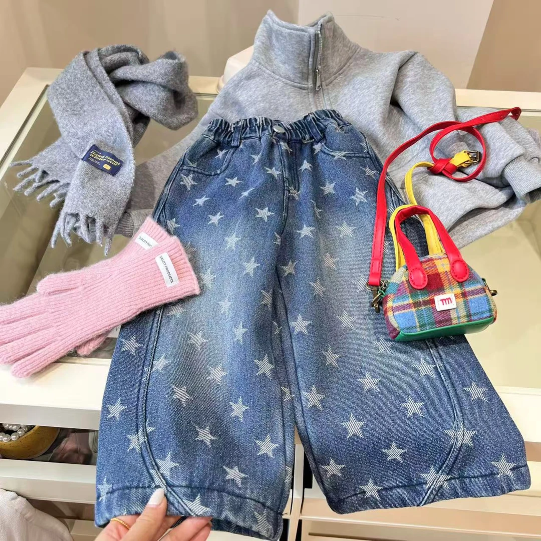 X.M中古少年感！美式满印“小星星”女童加绒牛仔裤