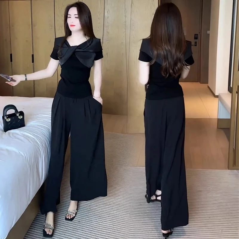 时尚套装夏季拼接女神范T恤修身高腰洋气设计感短袖直筒裤两件套